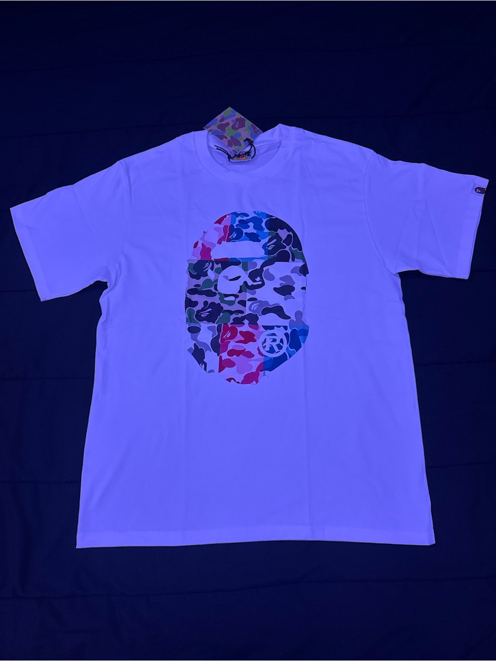 White Short Sleeve Tee with Multicolor Camo Face Graphic
